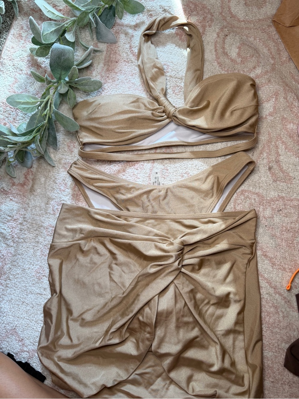 3 Piece Metallic Bikini Set M Tan Champagne Wrap Skirt Gold Ring